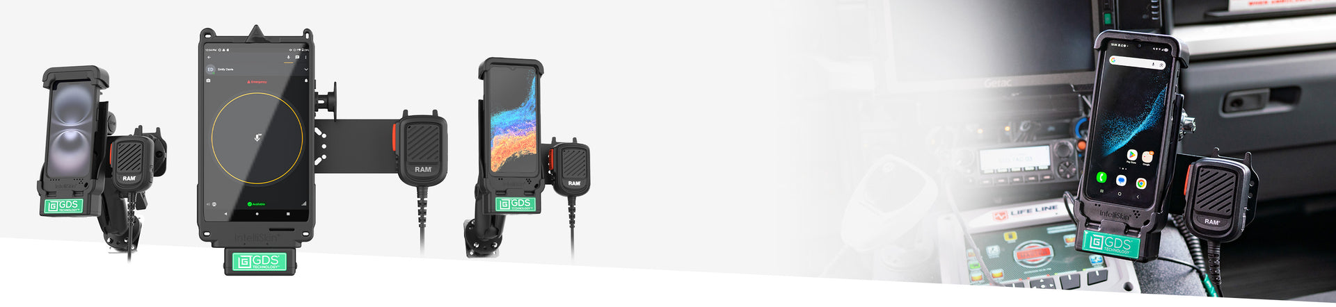 RAM® Mounts Push-to-Talk solutions banner featuring device mounts and accessories with a call-to-action button to build your kit.