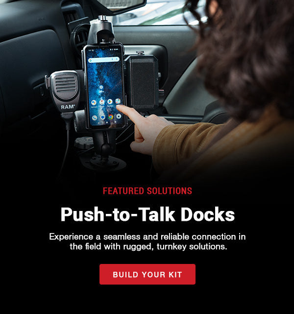 RAM® Mounts Push-to-Talk solutions banner featuring device mounts and accessories with a call-to-action button to build your kit.