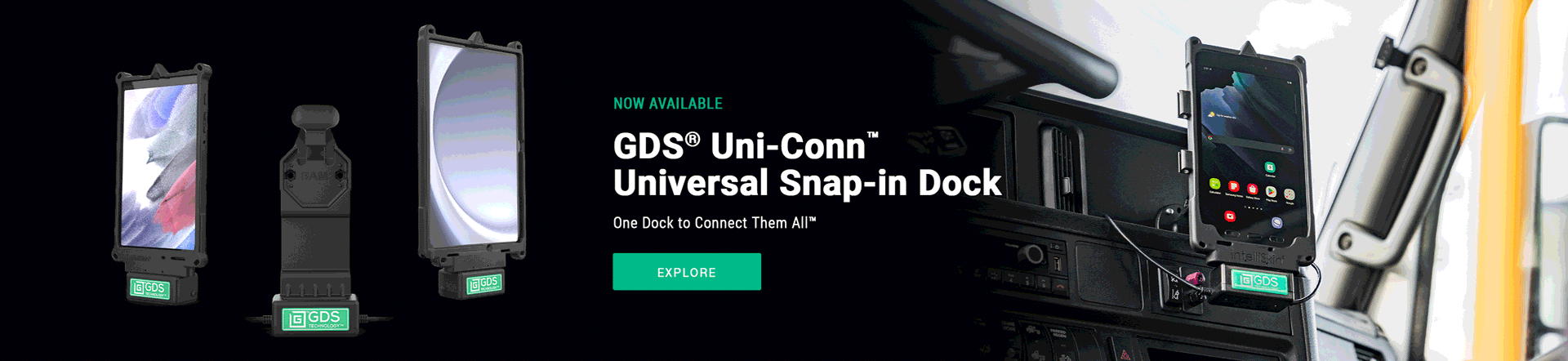 Banner GIF showing the new GDS Uni-Conn and the many different tablets that dock into it