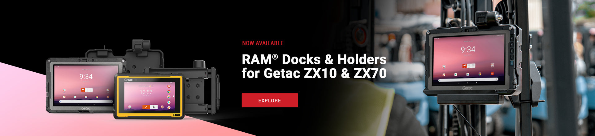 Homepage banner image featuring now available RAM Mounts Docks and Holders for Getac ZX10 and ZX70