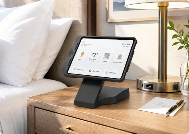 iPad in an IntelliSkin H Series desktop dock displaying hotel room controls on a bedside table.