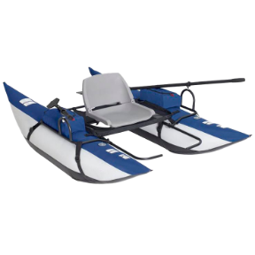 image of a blue and white inflatable one-person boat.