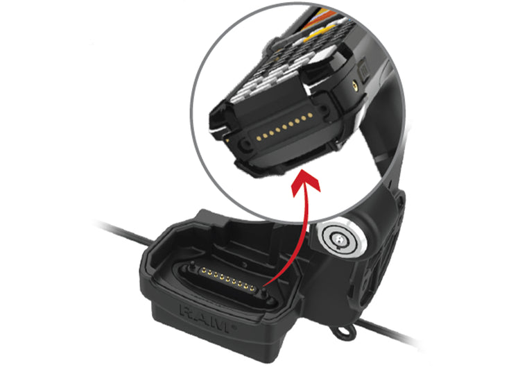 Feature image showing the pop pin charging pins integrated directly into the RAM Mounts dock matching the MC9400/MC9300 pogo pad charging contacts for a seamless charging experience