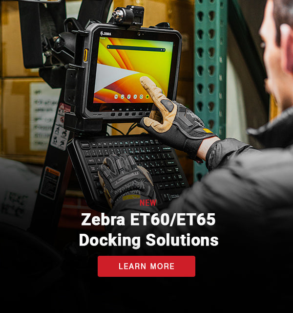 Mobile banner image showing a man interacting with a Zebra ET60 mounted on a forklift using RAM Mounts