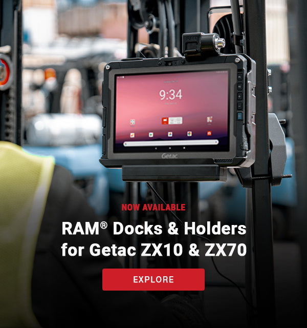 Mobile homepage banner image featuring now available RAM Mounts Docks and Holders for Getac ZX10 and ZX70