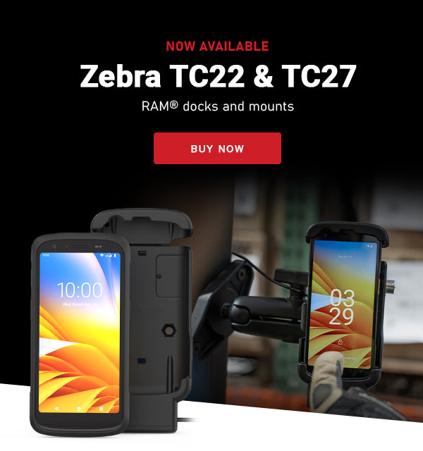 Mobile Homepage Banner image announcing RAM docks for the Zebra TC22 & TC27