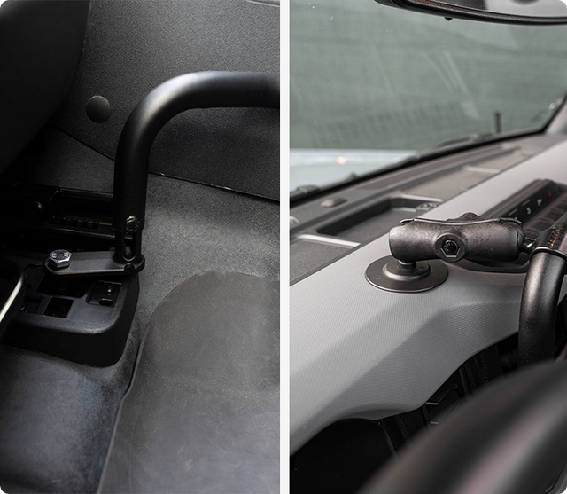 Image split in half, the right side is showing a RAM mount arm and ball base connecting to a tough bar and the left side shows the tough bar connected to a floor rack.