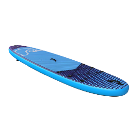 image of a light blue paddleboard with dark blue dots covering the front and back end.