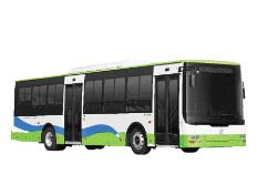 A white city bus with green and blue stripes for public transportation.