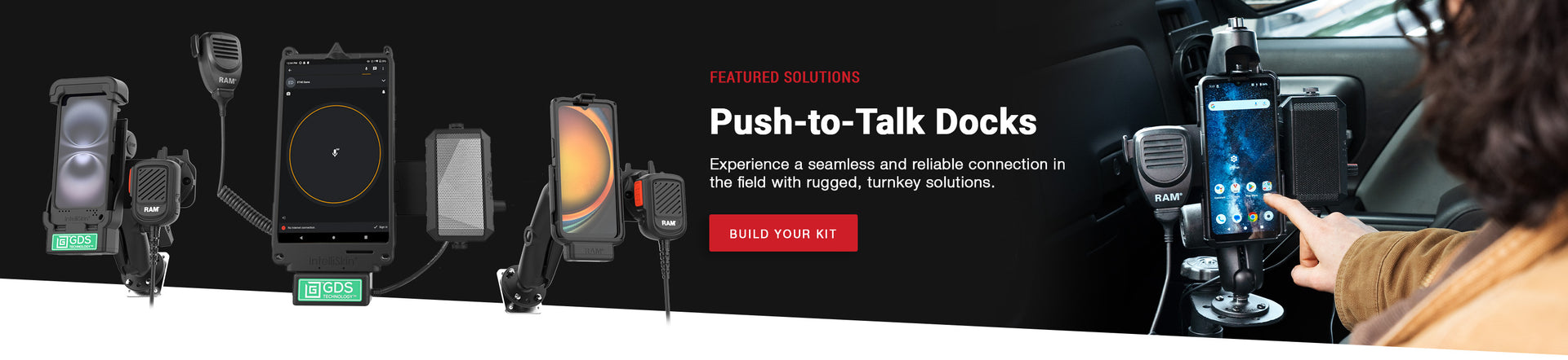 RAM® Mounts Push-to-Talk solutions banner featuring device mounts and accessories with a call-to-action button to build your kit.