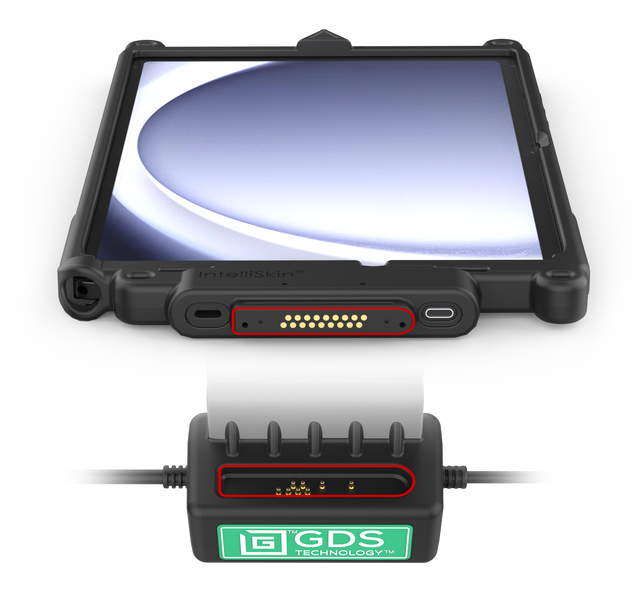 Image showing the bottom of the GDS Connector and the IntelliSkin to communicate the alignment points that make the GDS and IntelliSkin system work seamlessly