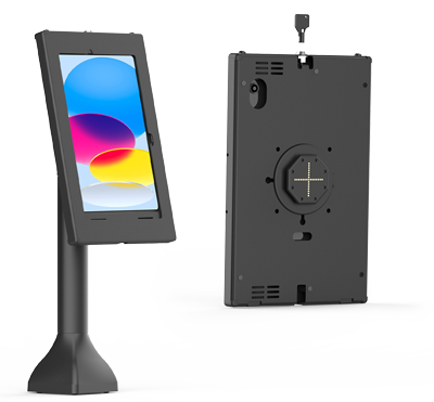 Secure tablet kiosk enclosure mounted on a freestanding pedestal, shown alongside a rear view of the enclosure. The front view displays a tablet screen within a durable metal housing, while the rear view highlights the integrated GDS® docking interface, cable management, and locking features. Designed for self-service kiosks, digital signage, visitor management, retail, hospitality, and commercial tablet deployments. White background.