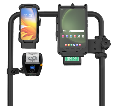 RAM® Tough-Bar™ vehicle mounting system featuring a rugged tubular dashboard bar with multiple mounted devices. A smartphone in a protective cradle is mounted on the left side, a rugged tablet in an IntelliSkin® enclosure with a GDS® dock is mounted in the center-right, and a compact mobile printer is mounted below the phone. Adjustable mounting arms and ball-and-socket connections provide flexible positioning for fleet, transportation, and mobile workforce applications. White background.
