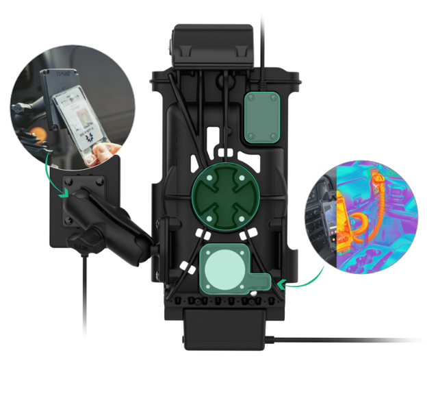RAM® GDS vehicle dock system showing modular mounting platform with integrated power and data connectivity, featuring inset images of smartphone data collection and thermal imaging display, demonstrating versatile enterprise mobility solutions for industrial and fleet applications.