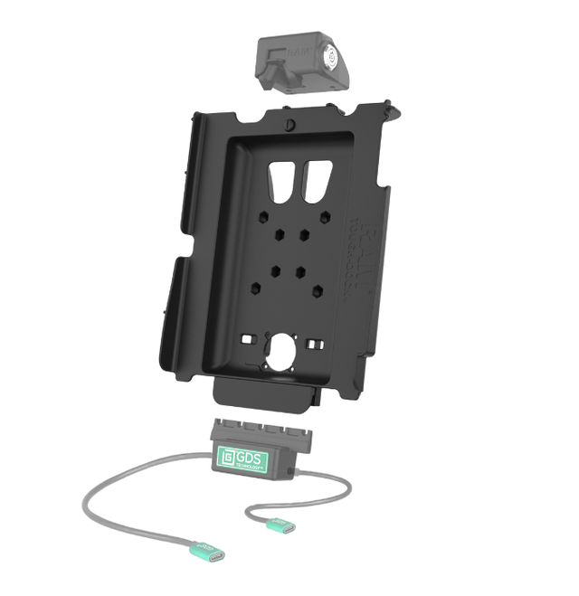 RAM® GDS vehicle dock cradle with IntelliSkin technology showing exploded view of docking components including charging connector and USB cable for secure mounting and powering of rugged tablets in commercial vehicle and industrial equipment applications.