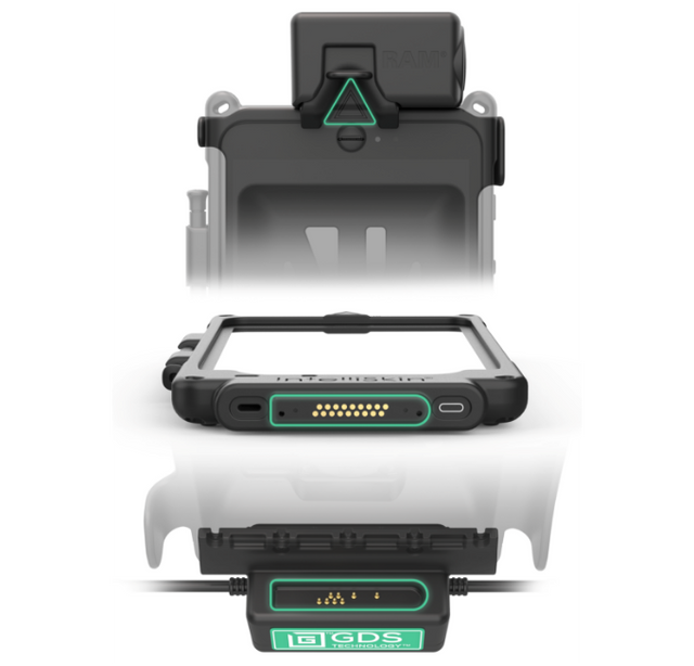 RAM® GDS IntelliSkin device protection system showing three-layer assembly with rugged tablet secured between protective cradle and charging dock connector, demonstrating integrated power and data connectivity for fleet management and enterprise mobile computing solutions.