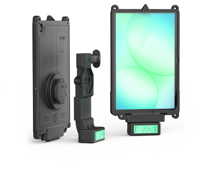 Rugged tablet docking solution featuring a tablet in a protective enclosure, a GDS® Uni-Conn™ dock, and a rear view of the device showing the integrated circular docking interface. The front-facing tablet is shown mounted in the dock with a clean display, while the center component highlights the adjustable docking mechanism and mounting hardware. Designed for secure charging, data connectivity, and device deployment in fleet, warehouse, industrial, and enterprise environments. White background.