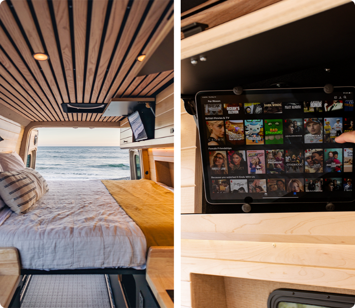 Tablet en beeldscherm gemonteerd in een campervan