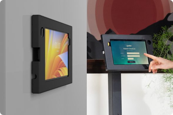 Split-screen image showing a wall dock and a standing pedestal dock both with Safe-Case tablet steel case.