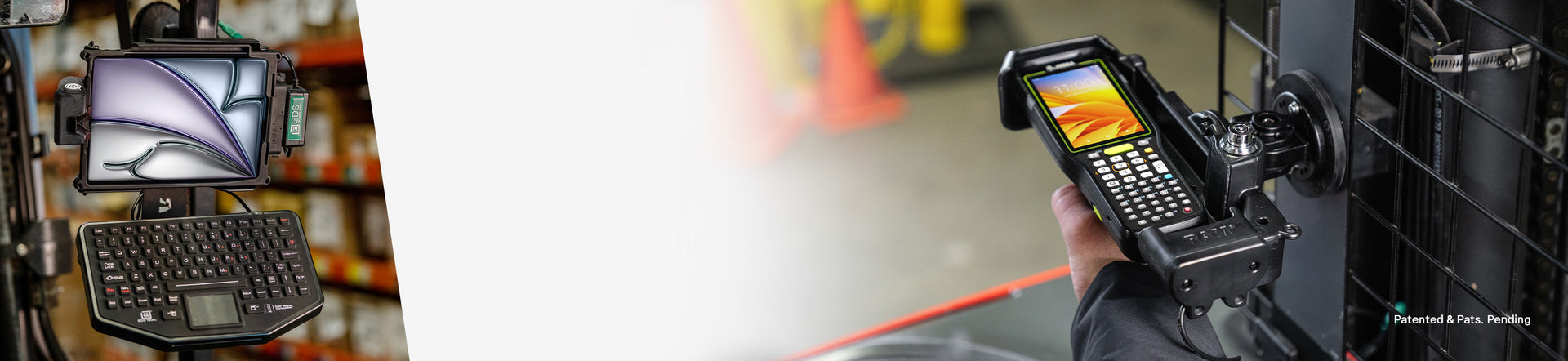 Banner image for Material handling. There is a Zebra scanner device on the right in a RAM mount and a GDS dock with an apple device on the left