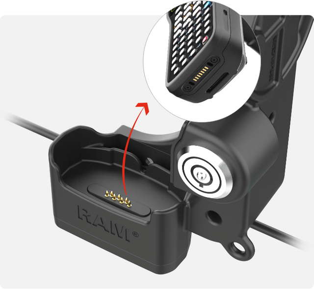 Image showing close-up of the pogo pin charging technology on RAM docks for MC3400